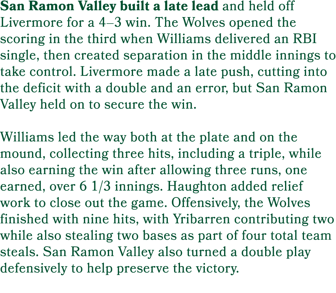 San Ramon Valley built a late lead and held off Livermore for a 4–3 win. The Wolves opened the scoring in the third w...