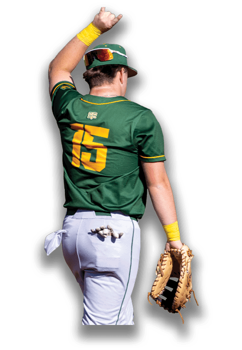 A baseball player wearing a green and yellow jersey and a white cap. Description generated by AI
