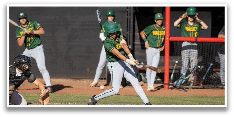 A baseball player is swinging a bat at a ball. Description generated by AI