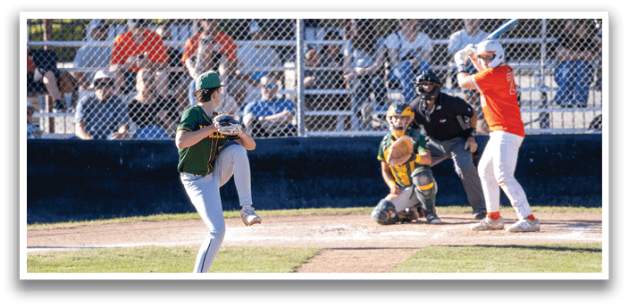 A baseball player is swinging a bat at a ball. Description generated by AI
