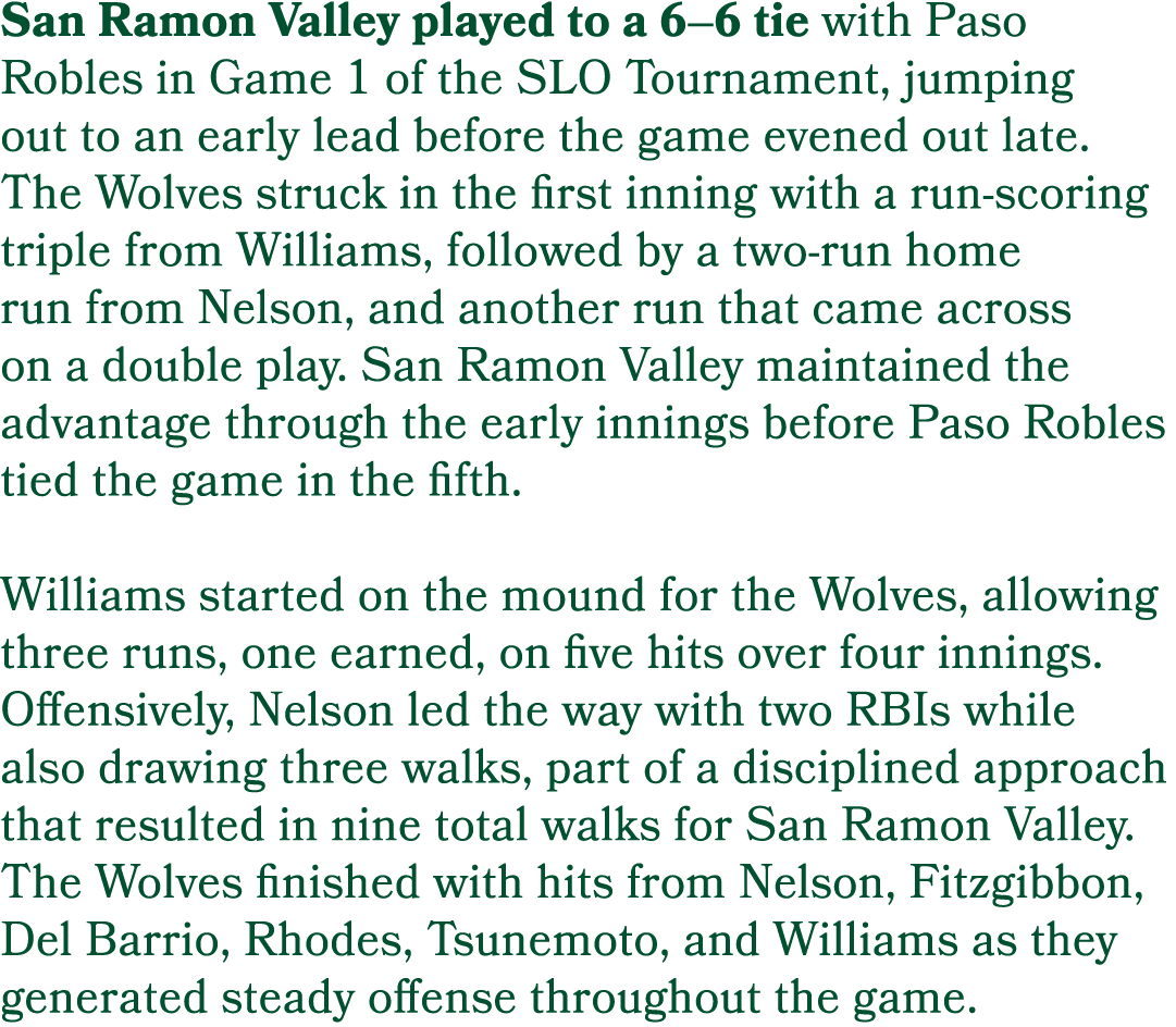 San Ramon Valley played to a 6–6 tie with Paso Robles in Game 1 of the SLO Tournament, jumping out to an early lead b...