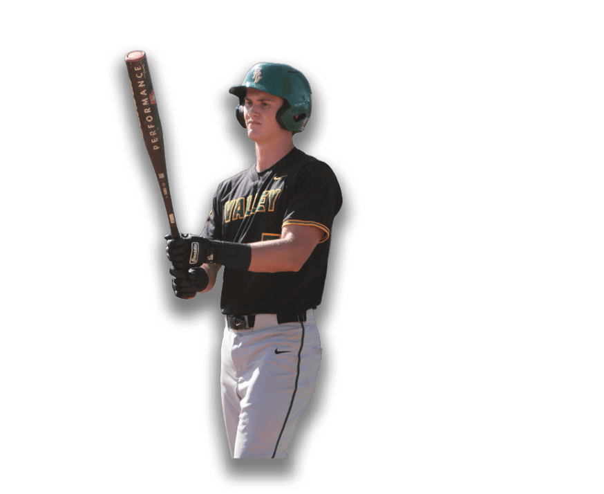A baseball player holding a bat. Description generated by AI