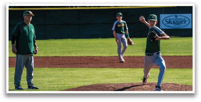 A baseball player in a green shirt and gray pants is pitching a ball. Description generated by AI