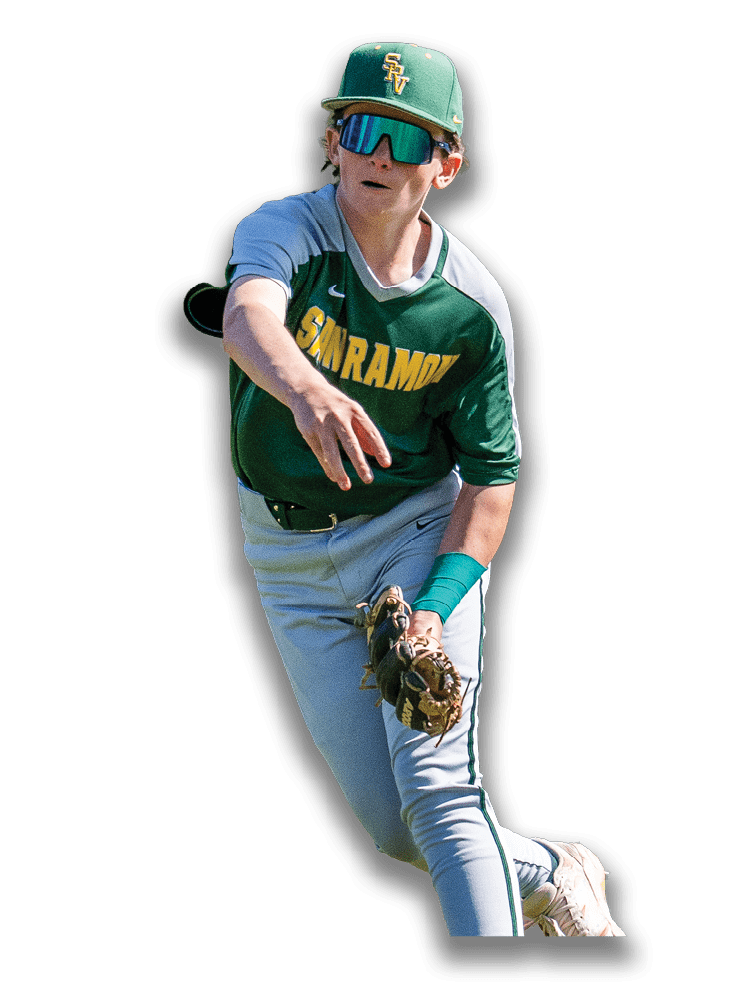 A baseball player wearing a green and yellow shirt and grey pants. Description generated by AI