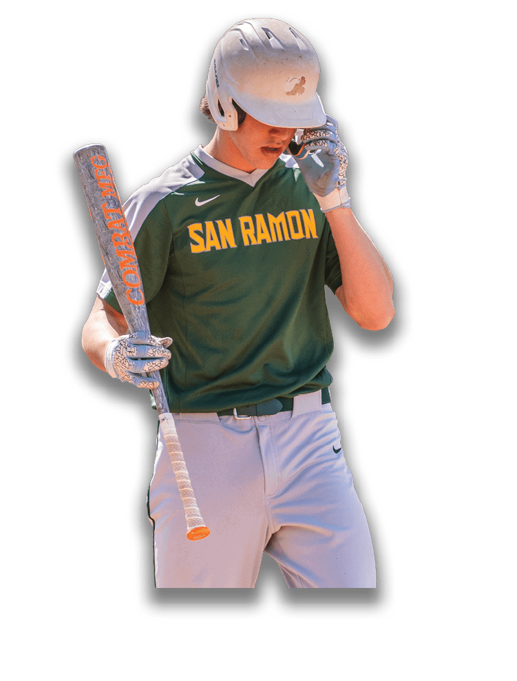 A baseball player wearing a green and yellow shirt holding a bat. Description generated by AI