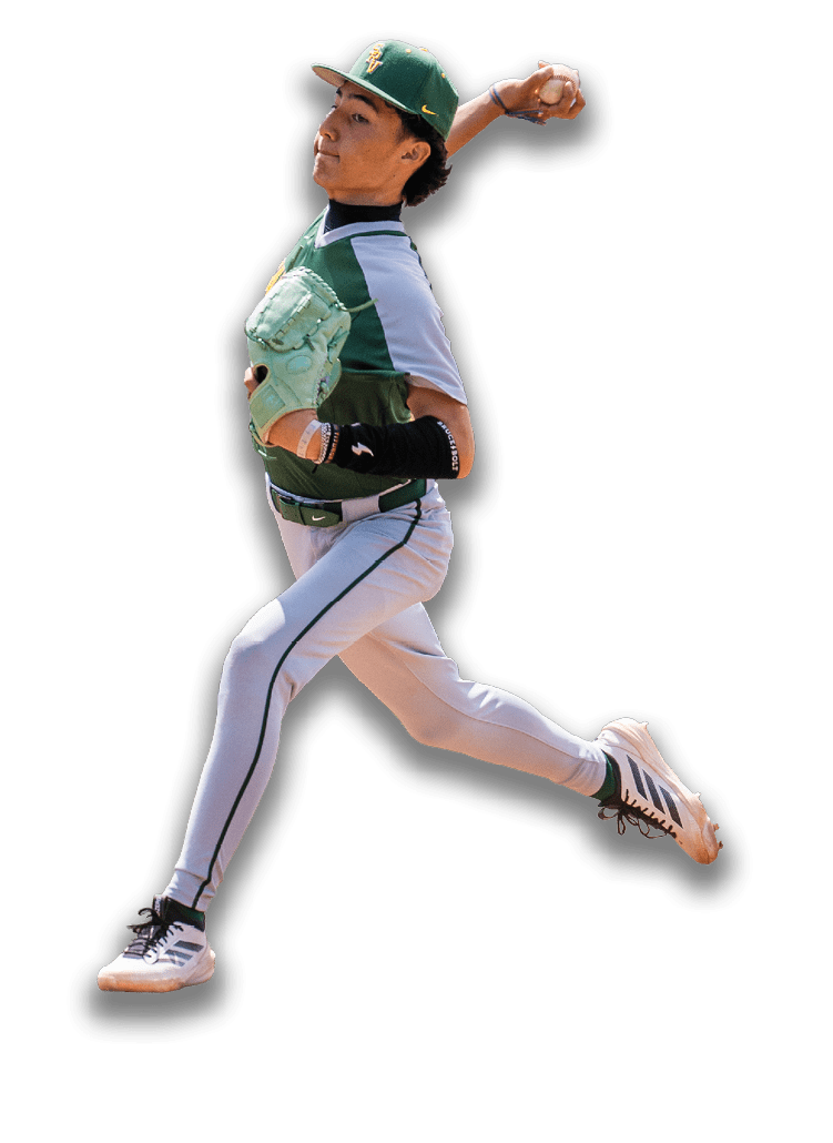 A baseball player in a green and white uniform is pitching a ball. Description generated by AI