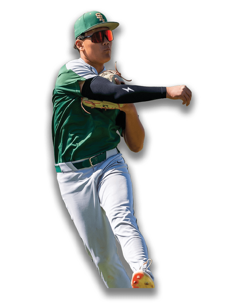 A baseball player wearing a green and white uniform. Description generated by AI