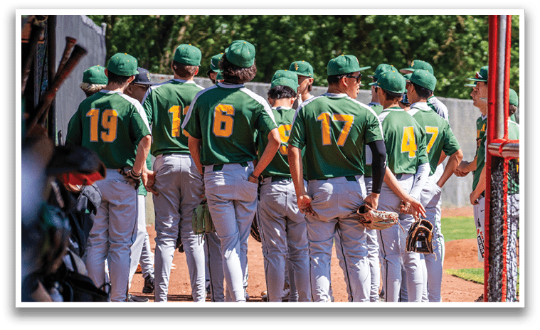 Baseball players wearing green and yellow uniforms. Description generated by AI