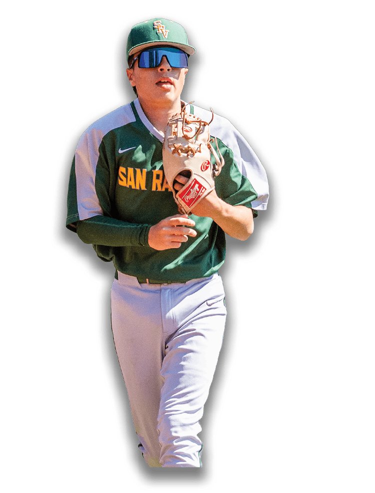 A baseball player wearing a green and white uniform. Description generated by AI