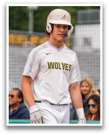 A baseball player wearing a helmet and a white shirt with the word wolves on it. Description generated by AI