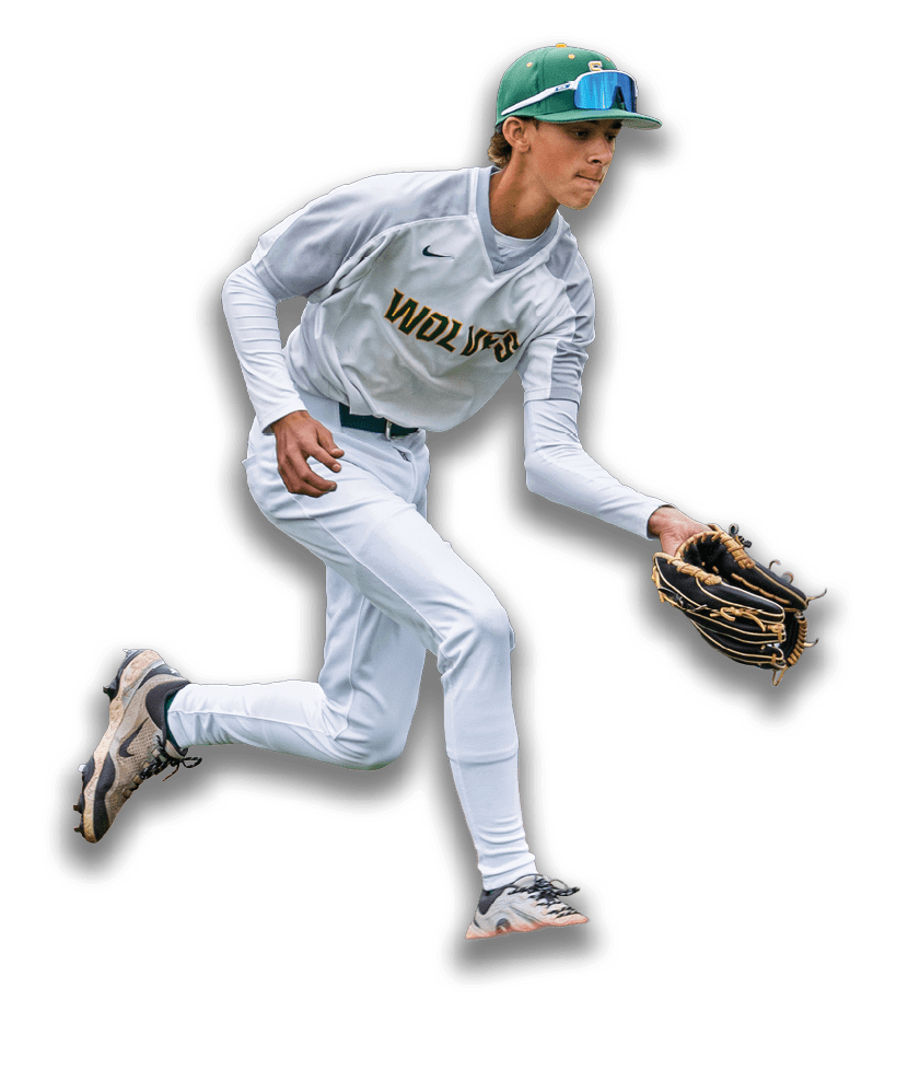 A baseball player wearing a white uniform and a green hat. Description generated by AI
