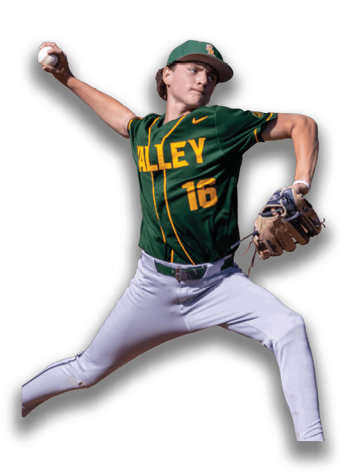 A baseball player in a green and yellow jersey is pitching a ball. Description generated by AI