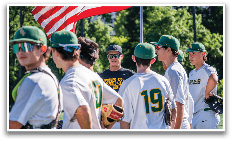 Baseball players wearing green and yellow hats. Description generated by AI