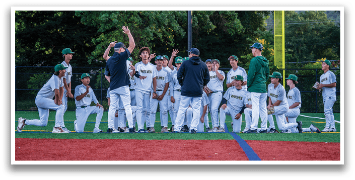 A group of baseball players standing on a field. Description generated by AI