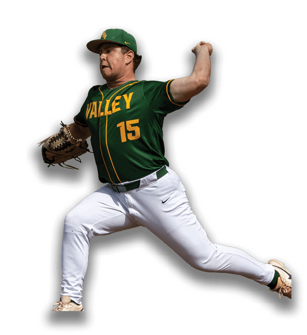 A baseball player in a green and yellow uniform is pitching a ball. Description generated by AI
