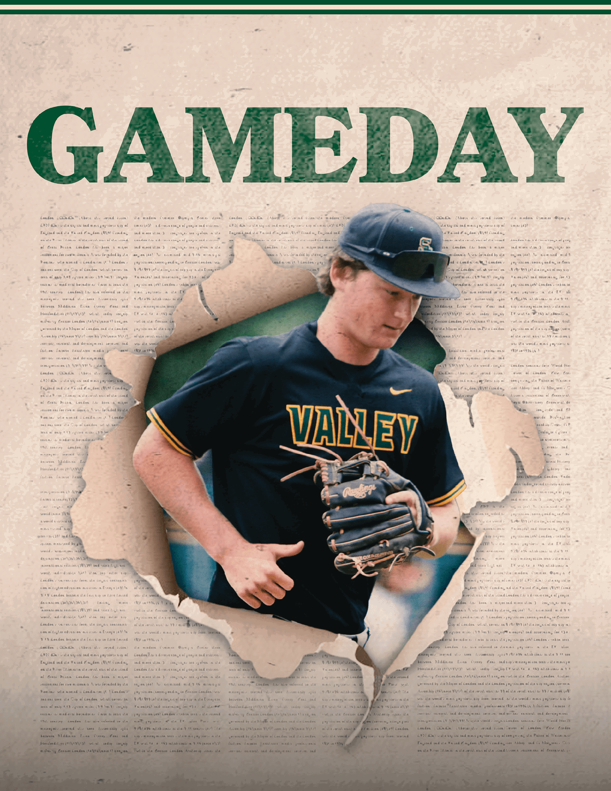 A man wearing a baseball uniform and glove. Description generated by AI