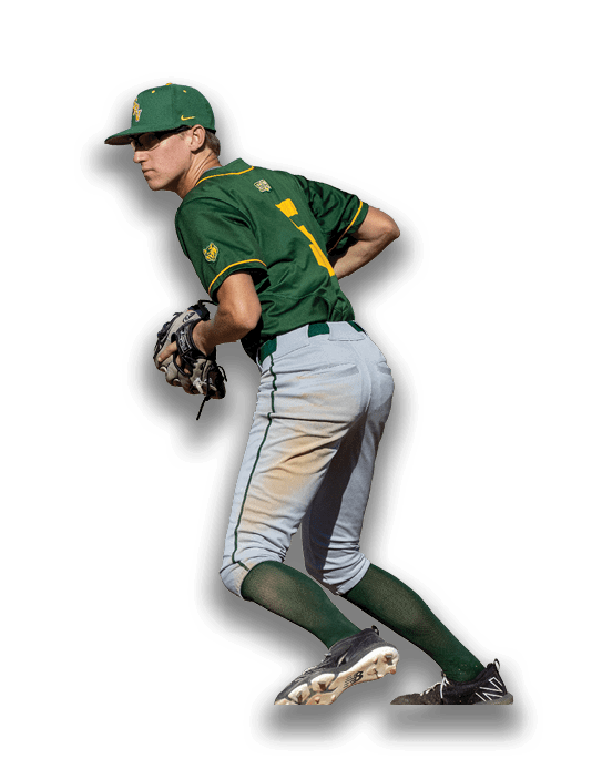 A baseball player wearing a green and yellow shirt and grey pants. Description generated by AI