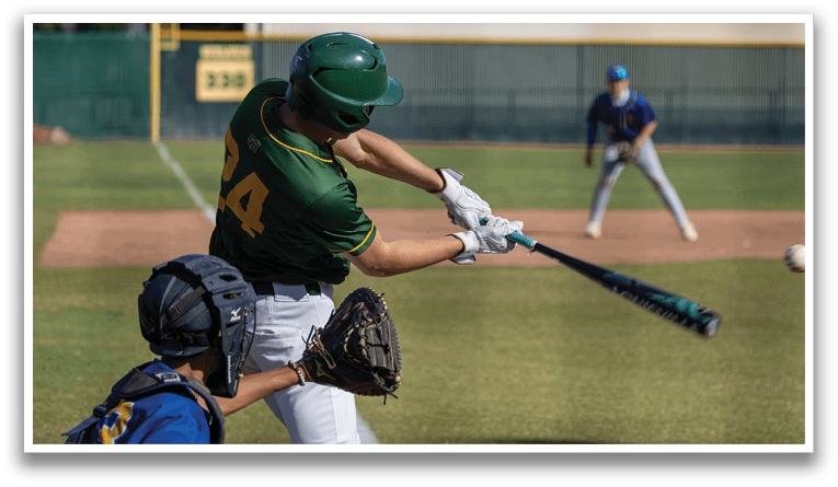 A baseball player is swinging a bat at a ball. Description generated by AI