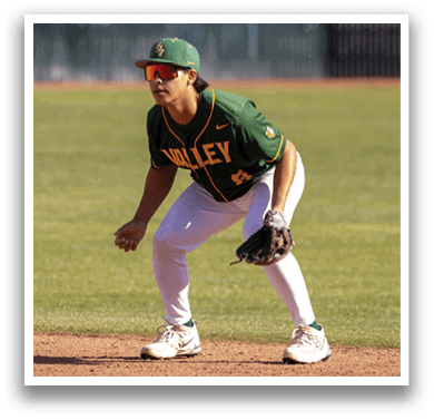 A baseball player wearing a green and yellow uniform is standing on the field. Description generated by AI