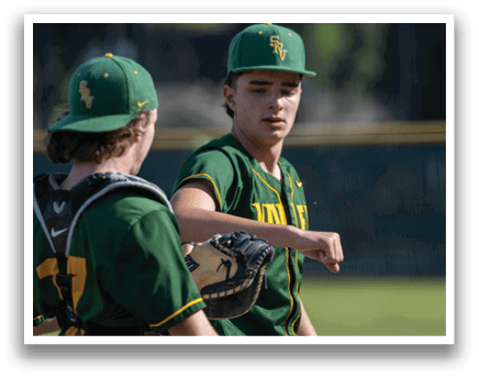 Two baseball players wearing green and yellow uniforms. Description generated by AI
