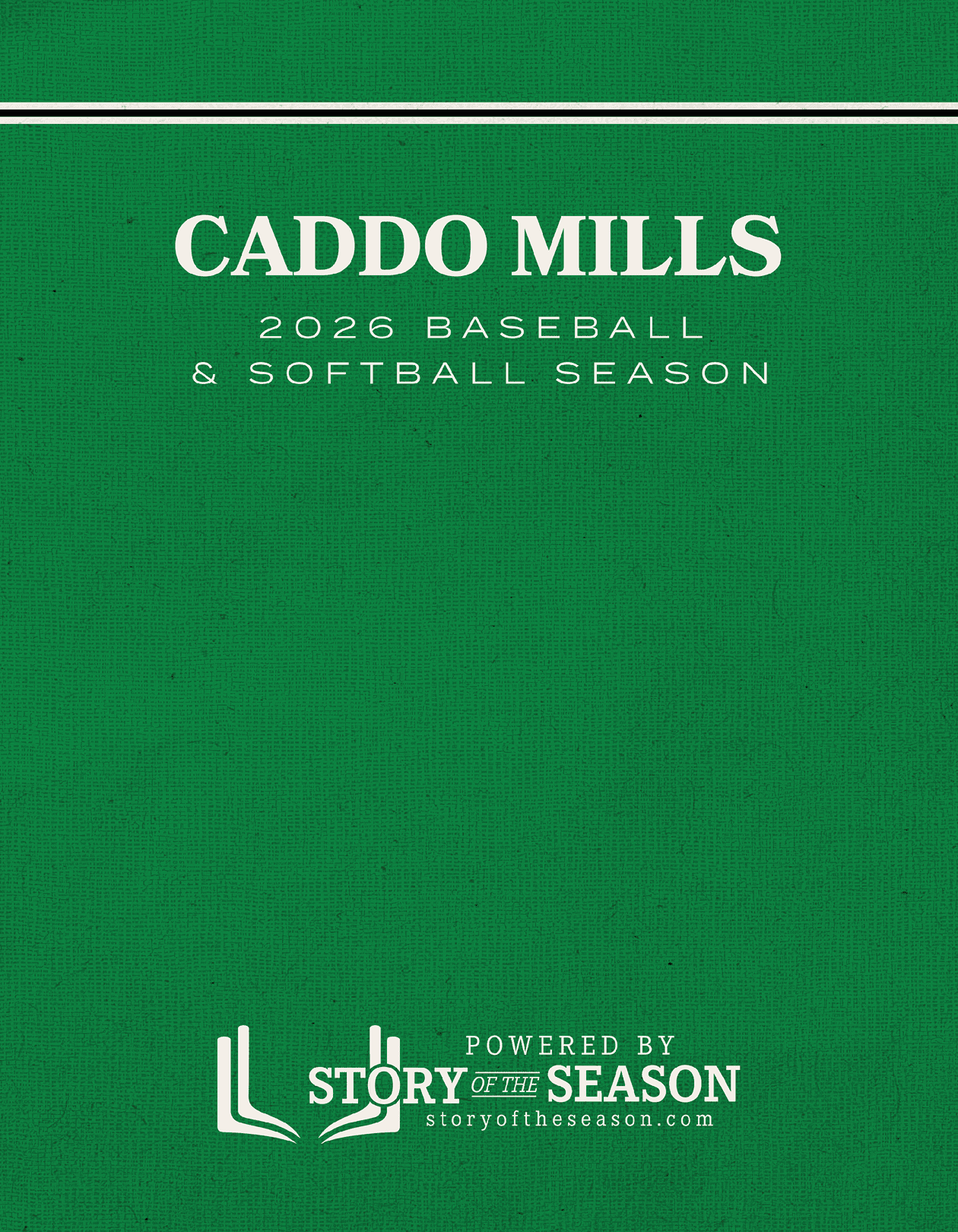 A green book cover with the title “Caddo Mills 2020 Baseball & Softball Season". Contenido generado con IA