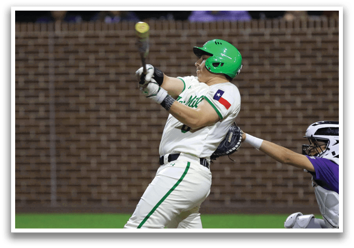 A baseball player is swinging a bat at a ball. Contenido generado con IA