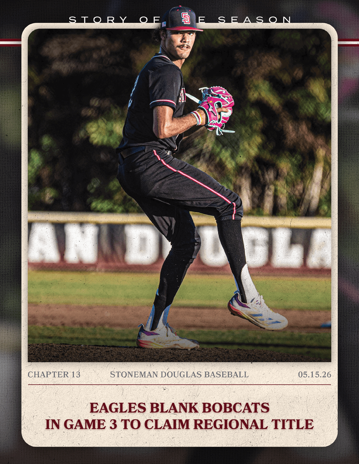 A baseball player wearing a black shirt and pink gloves. Description generated by AI