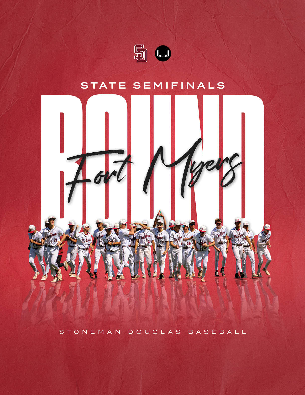 A red and white poster with a baseball team. Description generated by AI