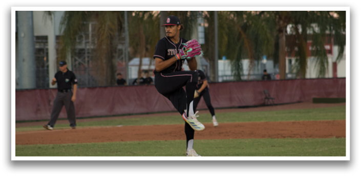 A baseball player in a black shirt and hat is pitching a ball on a field. AI generated content