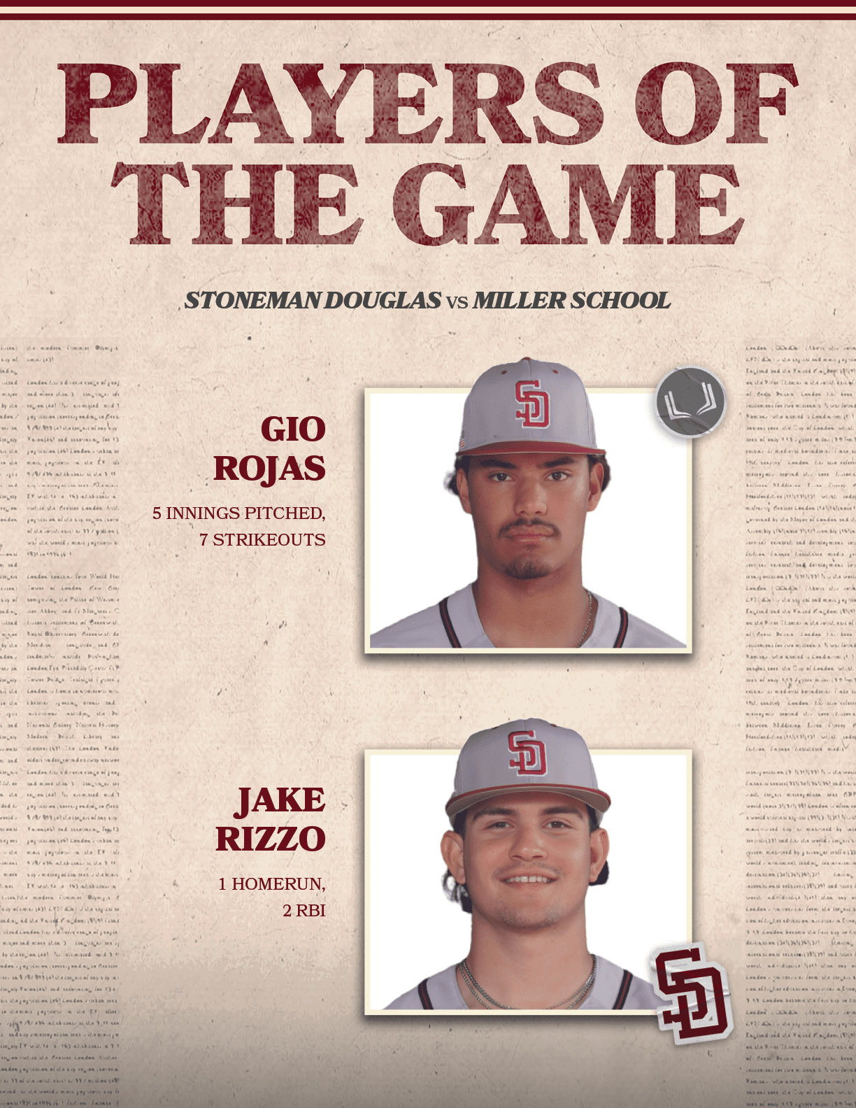 1 HOMERUN, 2 RBI,JAKE RIZZO,5 INNINGS PITCHED, 7 STRIKEOUTS,GIO ROJAS,stoneman douglas vs miller schoo