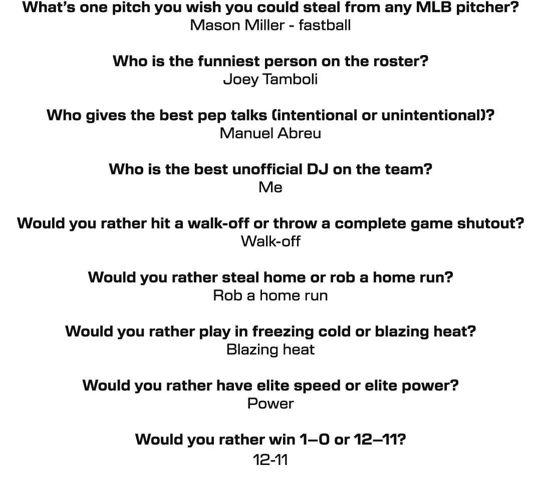 What’s one pitch you wish you could steal from any MLB pitcher? Mason Miller fastball Who is the funniest person on t...
