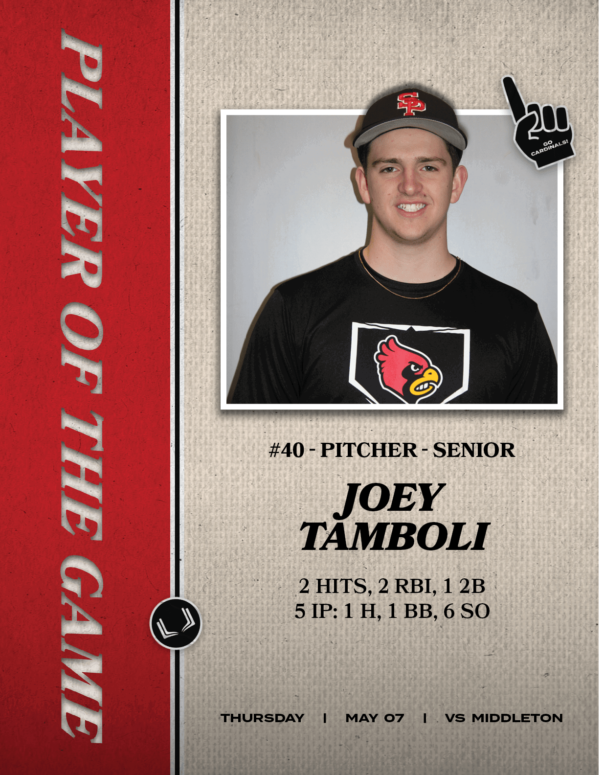 THURSDAY | MAY 07 | vs MIDDLETON,#40 PITCHER SENIOR JOEY TAMBOLI 2 HITS, 2 RBI, 1 2B 5 IP: 1 H, 1 BB, 6 SO