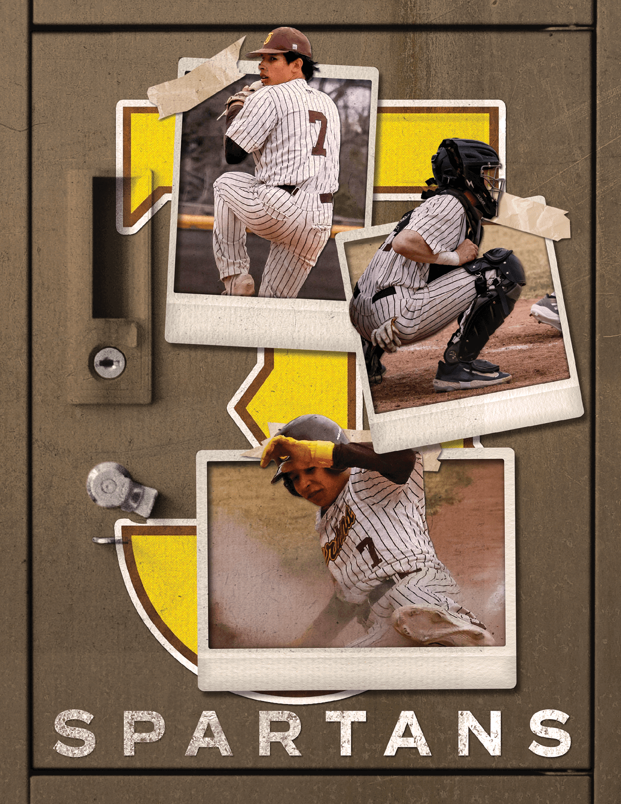 A baseball player in a Spartans uniform is shown in three different poses. AI generated content