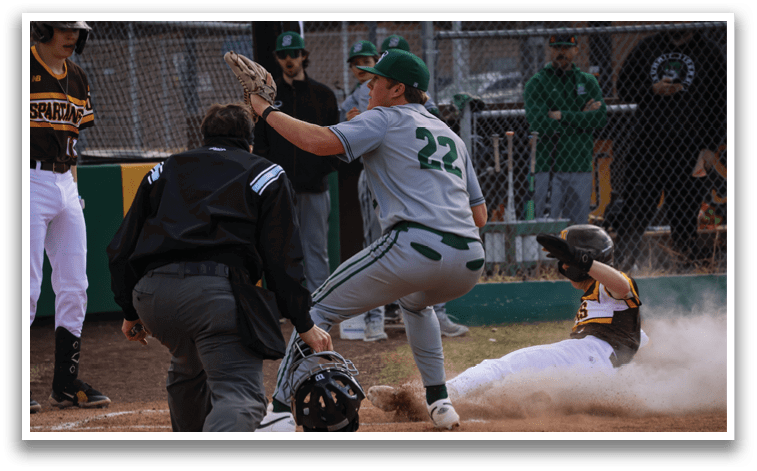 A baseball player slides into home plate while the catcher tries to tag him out. AI generated content
