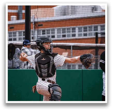 A baseball player in a catcher's position, wearing a helmet and holding a baseball. AI generated content