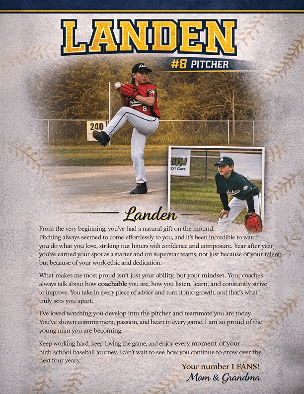 A baseball player in a red and white uniform is shown in a picture with a caption that says “Landen 8 Pitcher". AI generated content