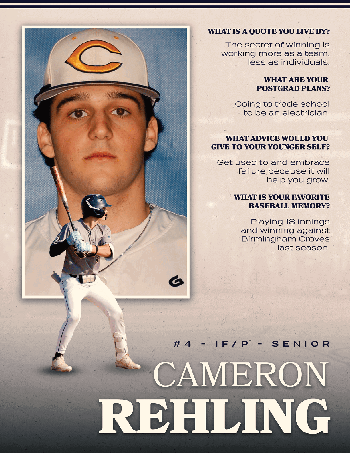 A baseball player named Cameron Rehling is shown on a poster. AI generated content