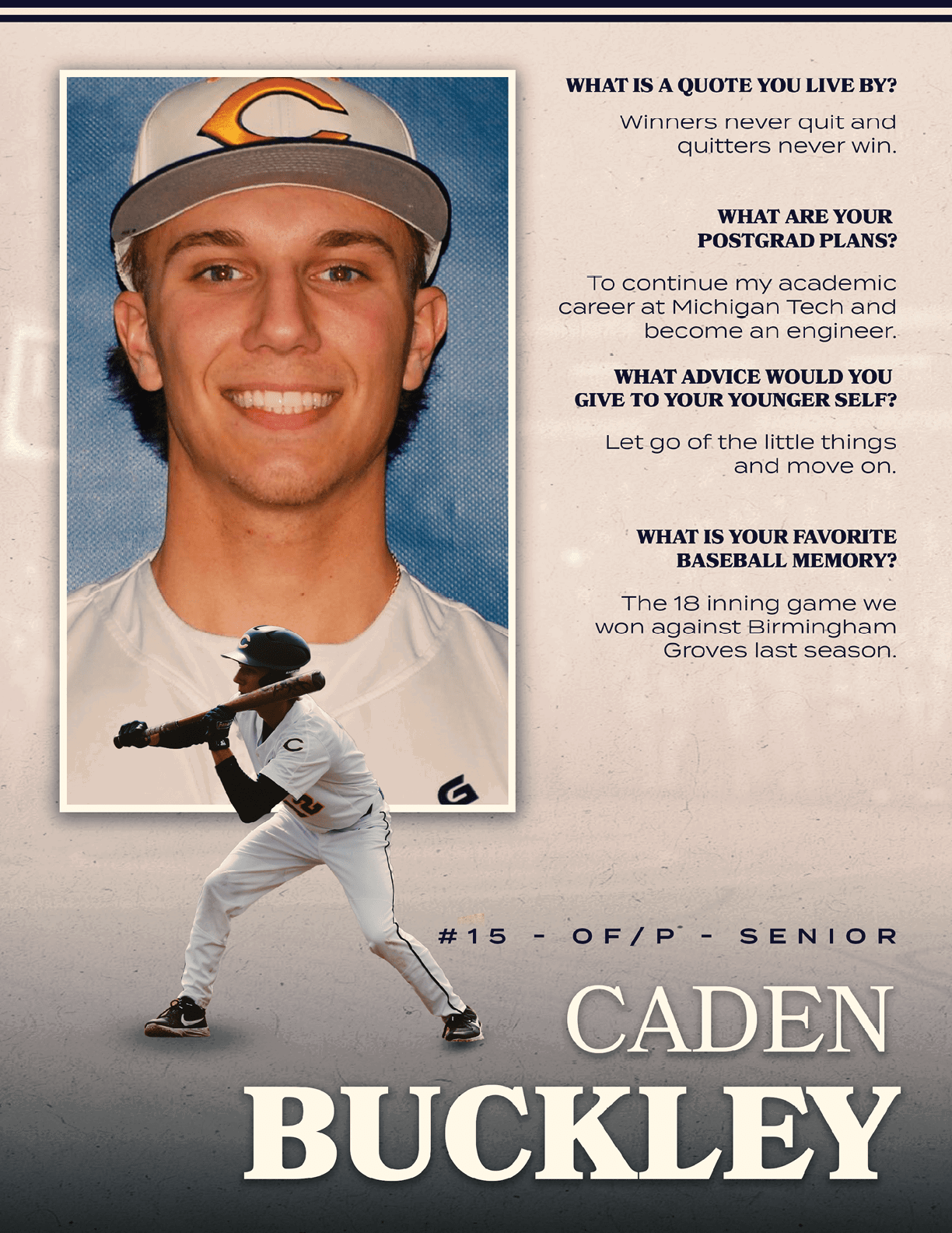 A baseball player named Cadden Buckley is shown smiling and holding a bat. AI generated content