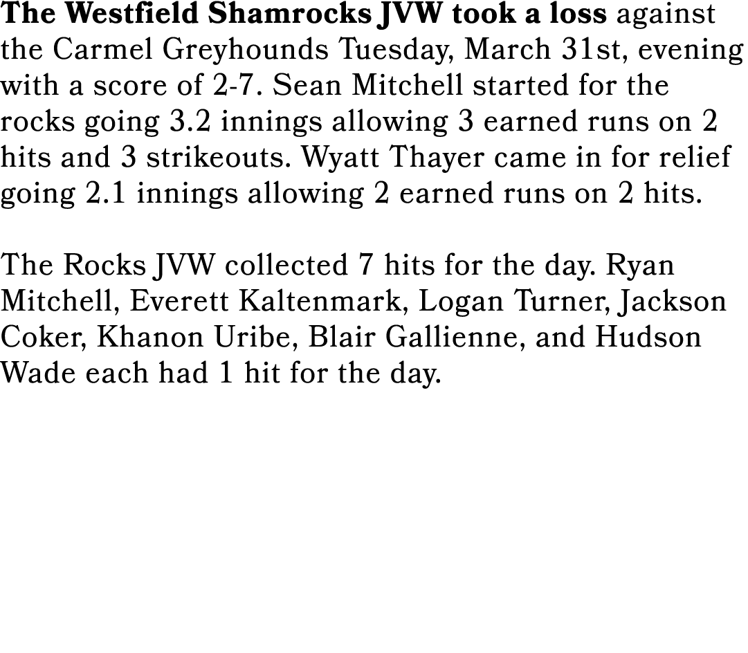 The Westfield Shamrocks JVW took a loss against the Carmel Greyhounds Tuesday, March 31st, evening with a score of 2 ...