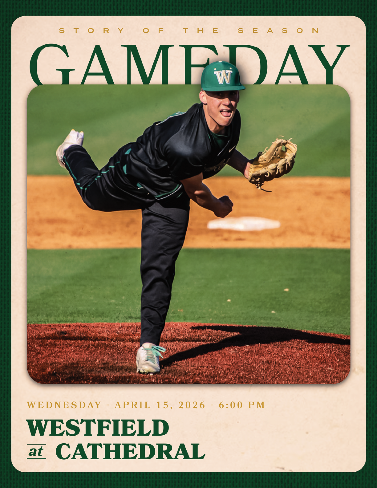 A baseball player in a black shirt and green hat is in the middle of a pitch. AI generated content