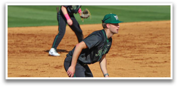 Two baseball players are on the field, one wearing a green hat and the other wearing a black hat. The player in the black hat is holding a baseball glove. AI generated content