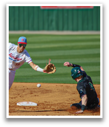A baseball player is sliding into a base while the catcher tries to tag him out. AI generated content