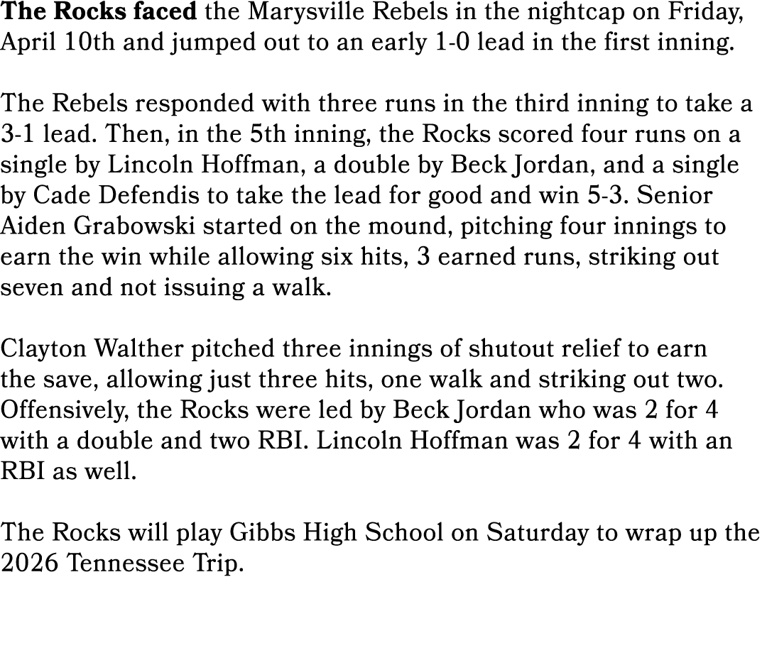 The Rocks faced the Marysville Rebels in the nightcap on Friday, April 10th and jumped out to an early 1-0 lead in th...