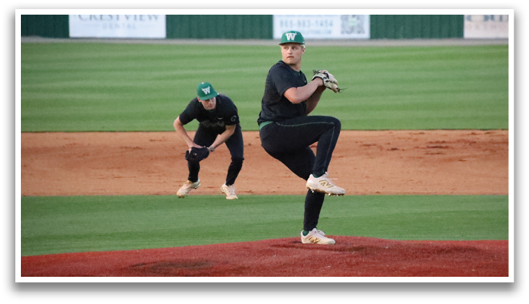 A baseball player in a black shirt and green hat is pitching a ball on a field. Another player is standing behind him, ready to catch the ball. AI generated content