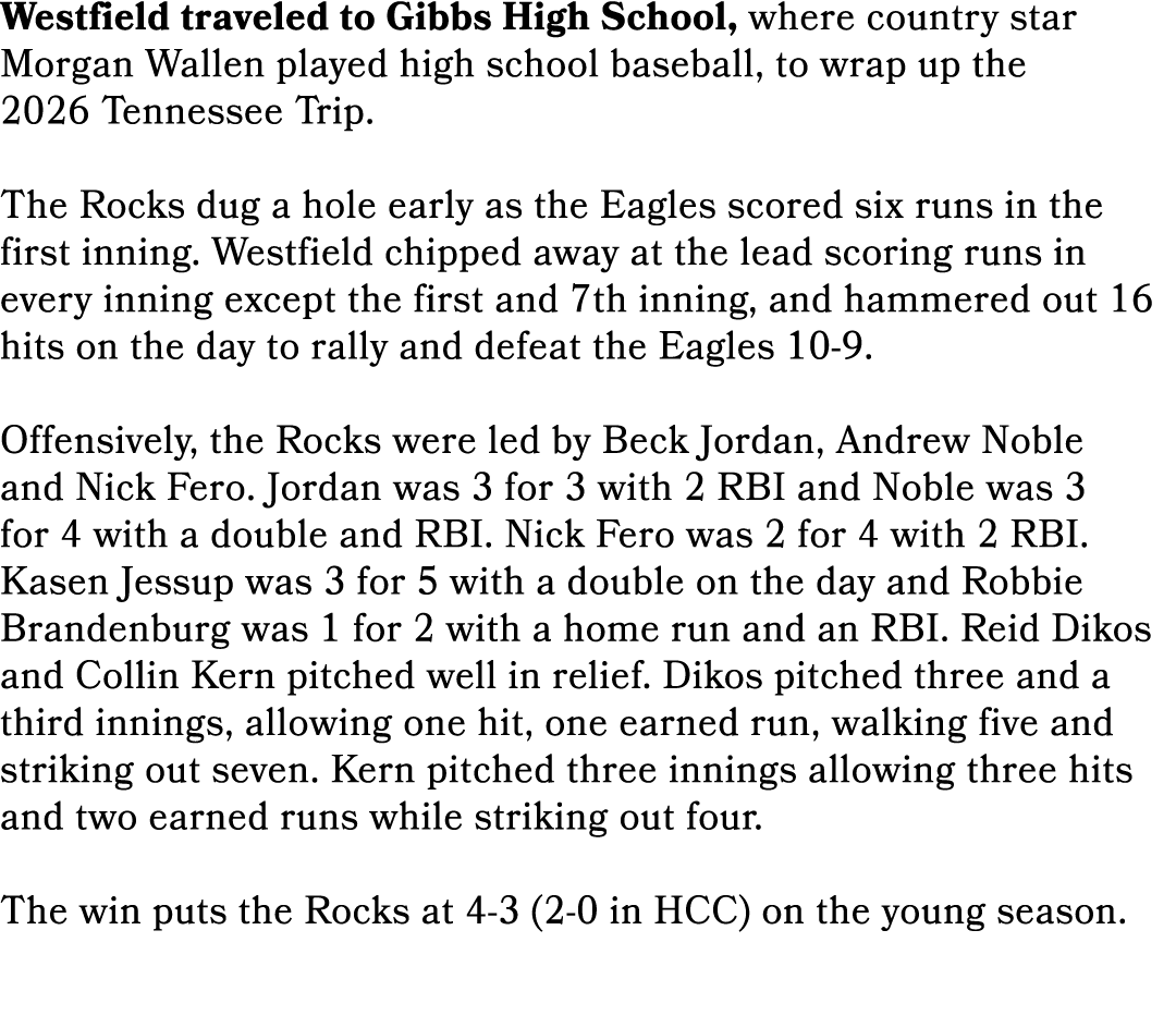 Westfield traveled to Gibbs High School, where country star Morgan Wallen played high school baseball, to wrap up the...