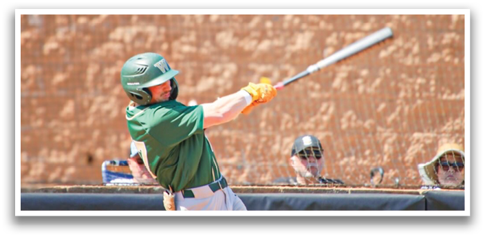 A baseball player in a green and white uniform is swinging a bat, attempting to hit a ball. AI generated content