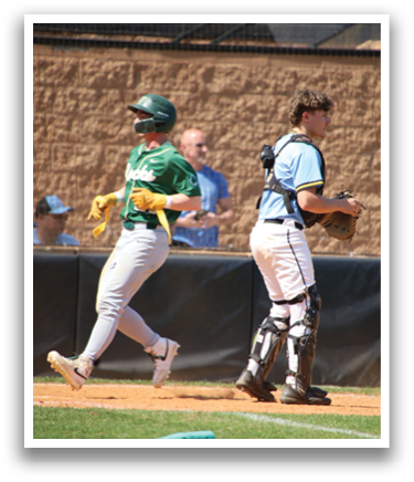 A baseball player is running towards a base while another player is holding a baseball glove, ready to catch the ball. AI generated content