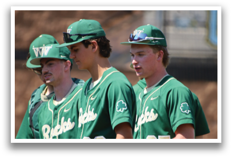 Three baseball players wearing green jerseys and hats are standing together. AI generated content