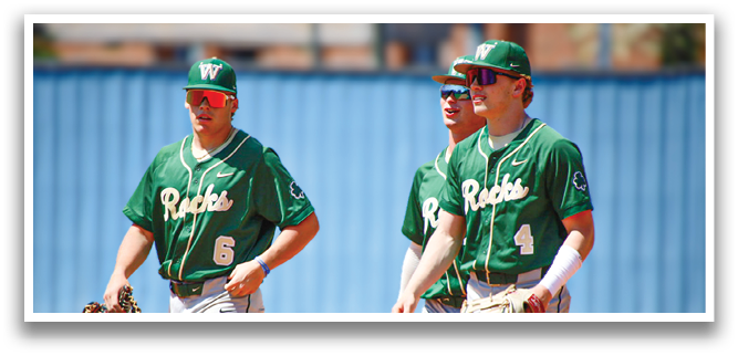 Three baseball players wearing green and white uniforms are walking on a field. AI generated content