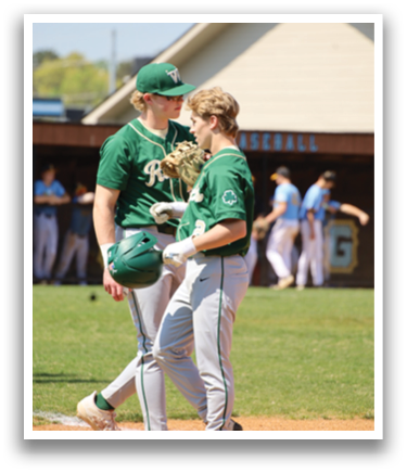 Two baseball players on the field, one holding a ball and the other talking to him. AI generated content
